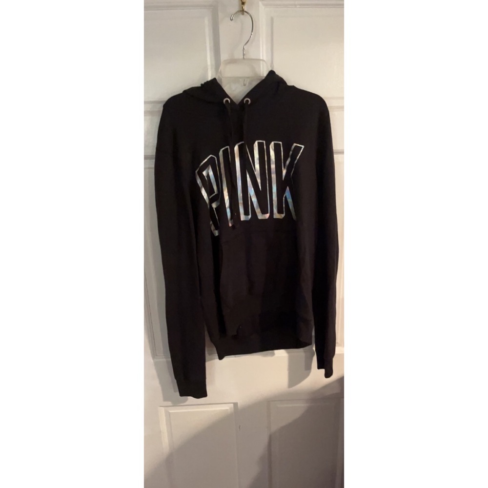 PINK Victorias Secret Holographic Black Long Sleeve Hoodie Large